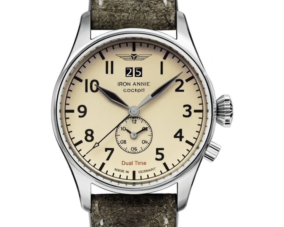 Iron Annie Cockpit dual-time pilot watch with cream dial, big date and green strap