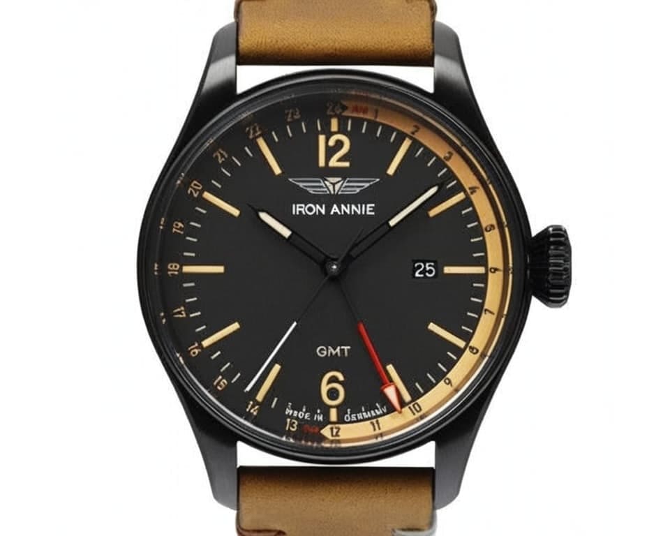 Iron Annie GMT aviation watch featuring black case, dark dial with gold accents, and brown leather strap demonstrating German aviation heritage design