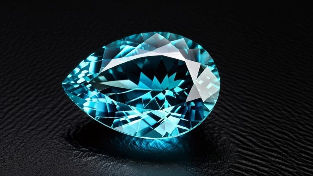 A pear-cut blue topaz gemstone with a vibrant hue, enhanced through irradiation treatment, placed on a black surface.