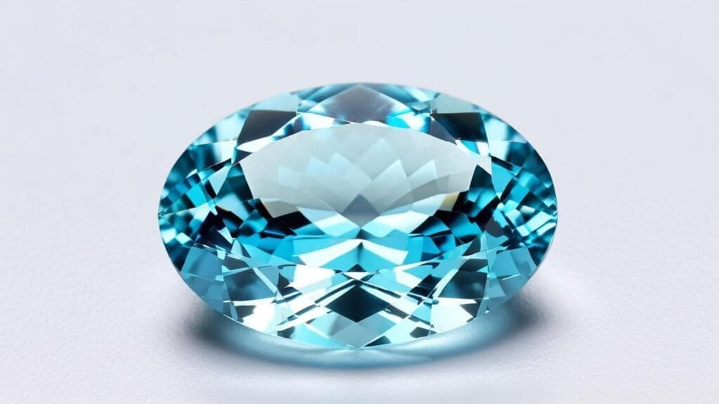 A stunning oval-cut aquamarine gemstone with a brilliant blue hue, enhanced through irradiation treatment, displayed on a white background.