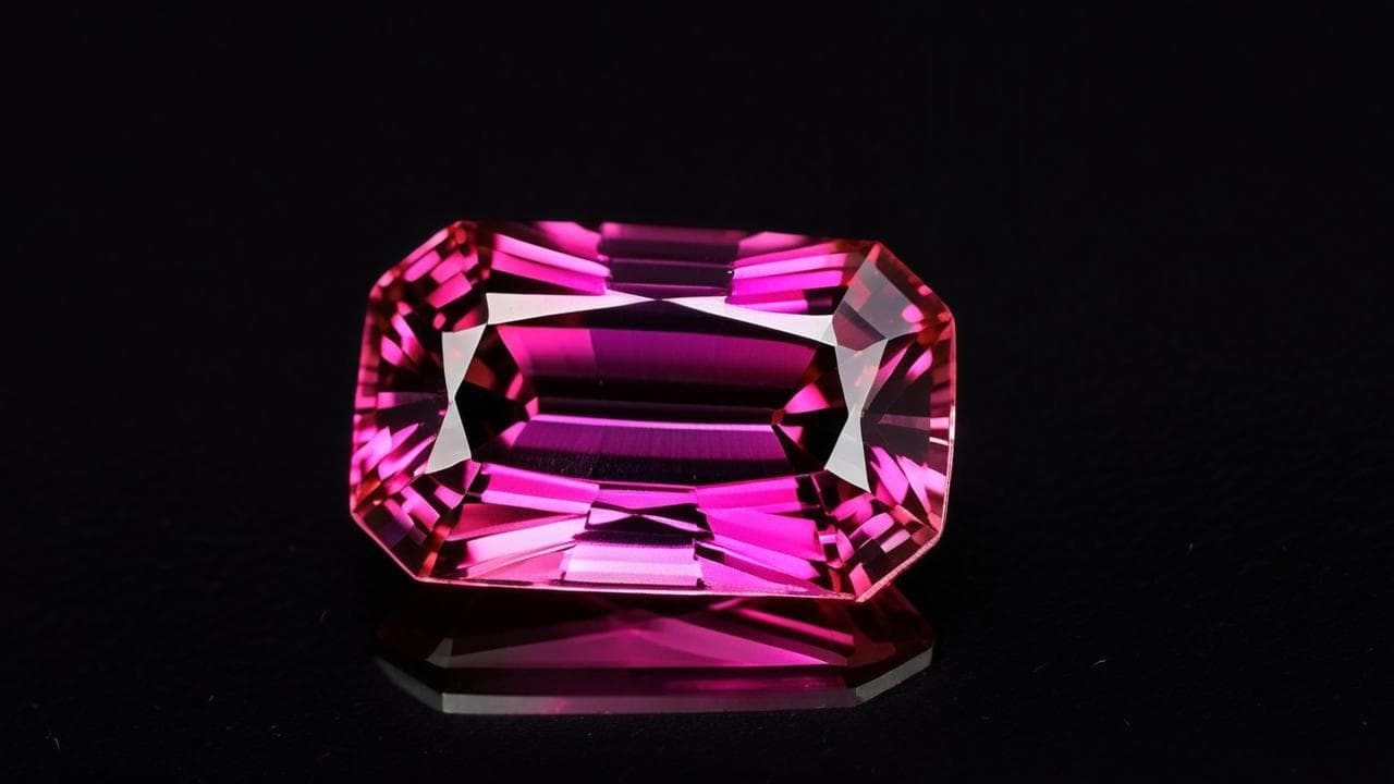 Emerald-cut hot pink tourmaline reflected on a black surface