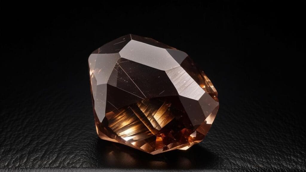 A faceted smoky quartz gemstone with a deep brown hue, created through controlled irradiation, displayed on a dark background.