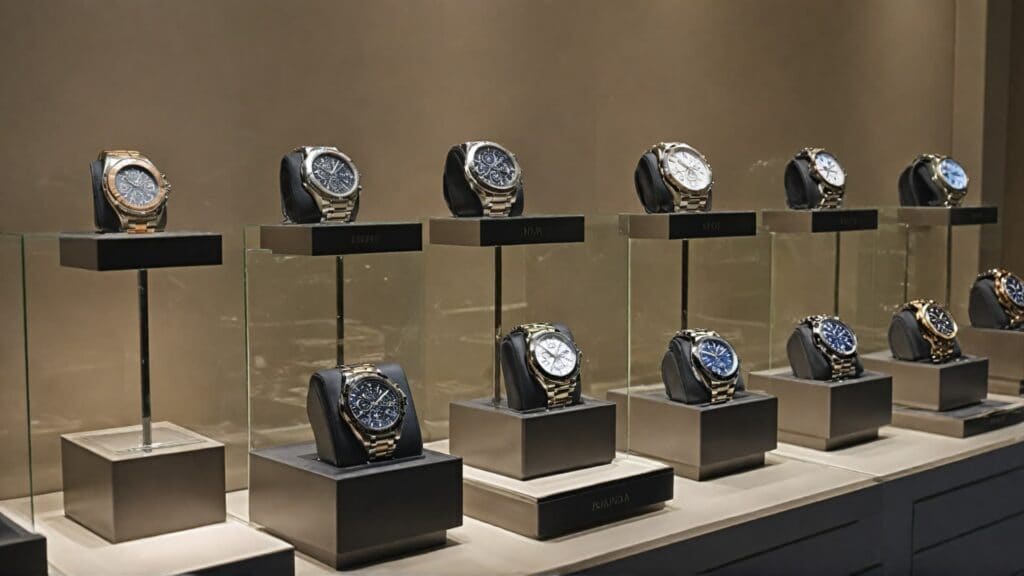 A premium showcase of Italian luxury watches with stainless steel and gold bracelets, elegantly displayed on black stands in a high-end watch boutique.