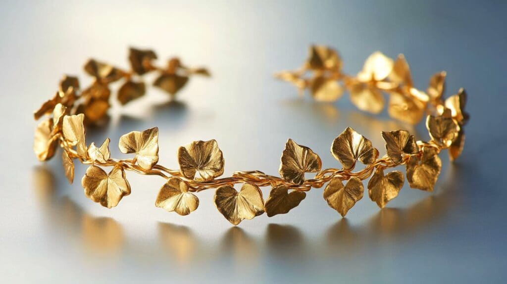 Elegant gold ivy leaf bracelet representing fidelity and friendship, a beautiful piece of nature-inspired jewelry.