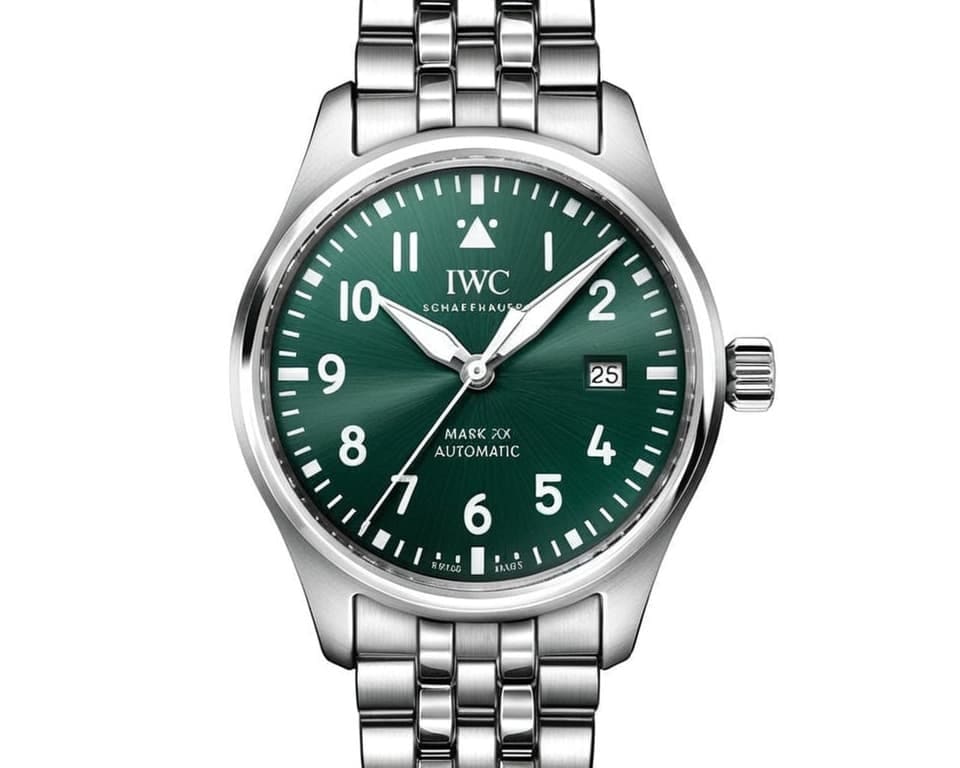 IWC Pilot's Watch Mark XX with green sunray dial and steel bracelet