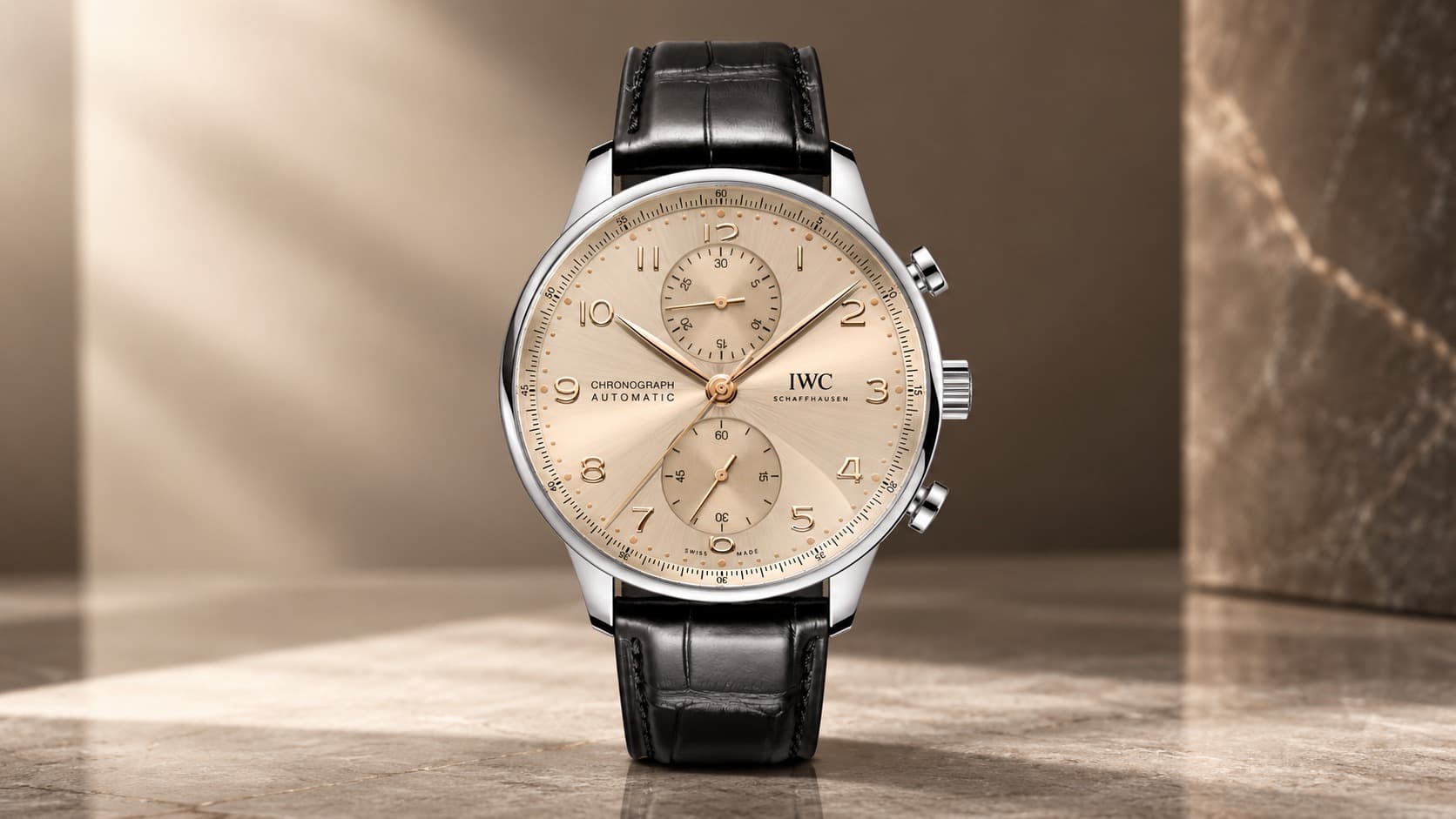 IWC Schaffhausen Portugieser Chronograph with champagne dial and black leather strap