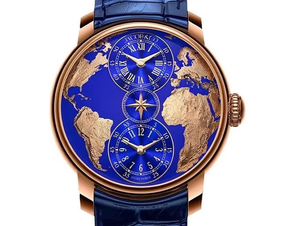 Jacob & Co luxury watch with blue dial featuring world map design and dual time zones in rose gold case