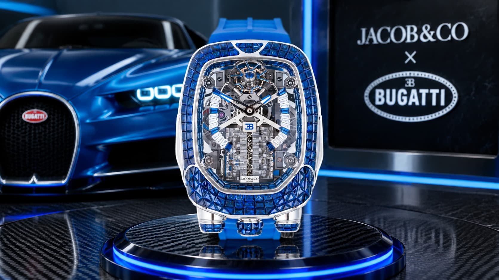 Jacob & Co Bugatti Chiron Tourbillon Limited Edition watch with a skeleton engine movement beside a Bugatti car