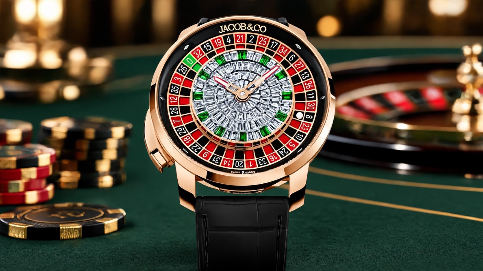 Jacob & Co Casino Tourbillon Baguette Diamonds watch with a roulette wheel dial next to casino chips