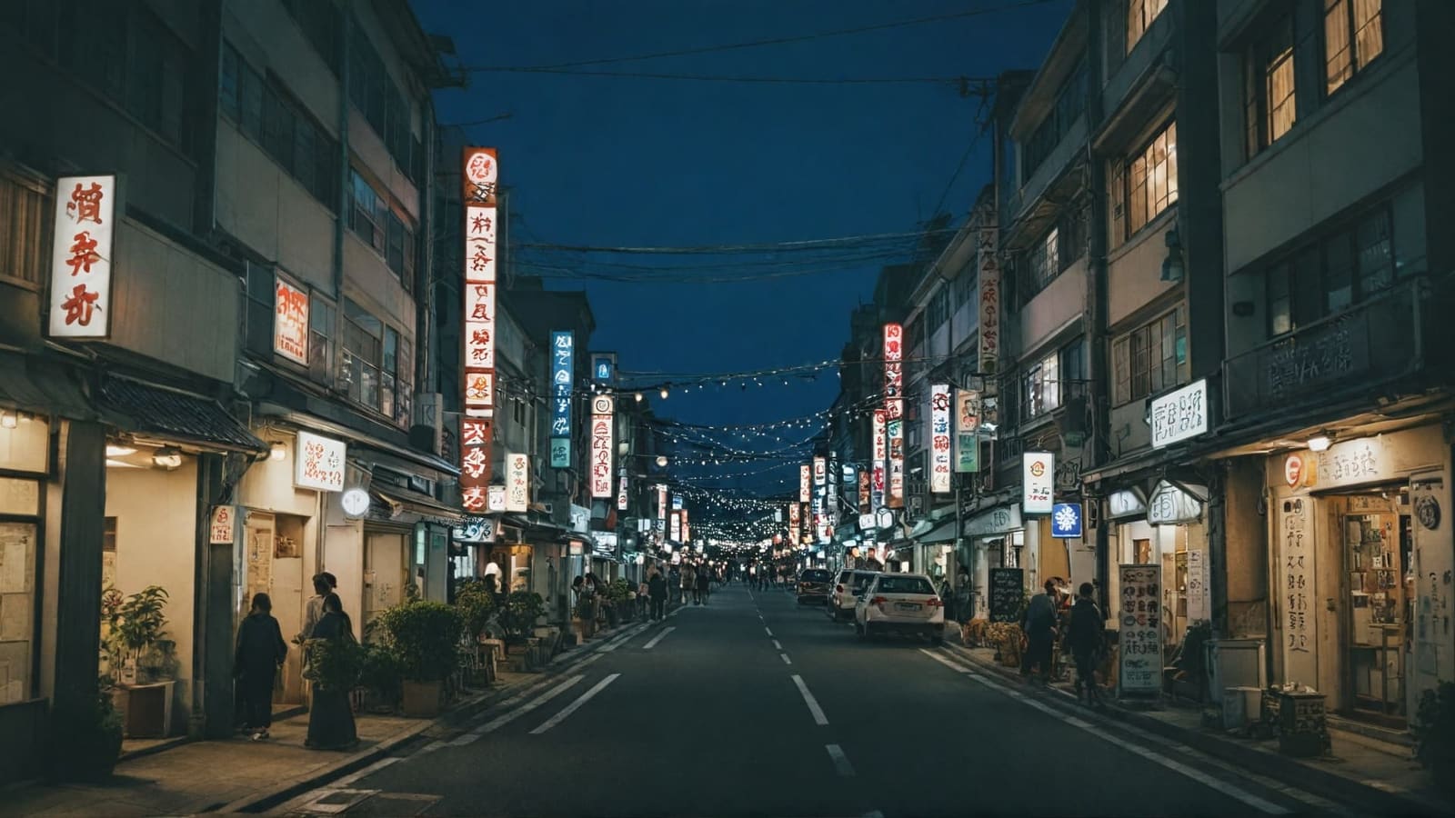 Japanese shopping street at night lit by illuminated kanji signs
