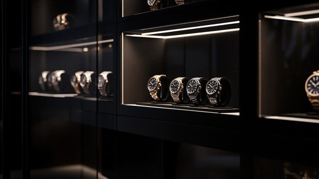 Illuminated store display featuring a row of Japanese watches with sleek, modern designs and metallic straps.