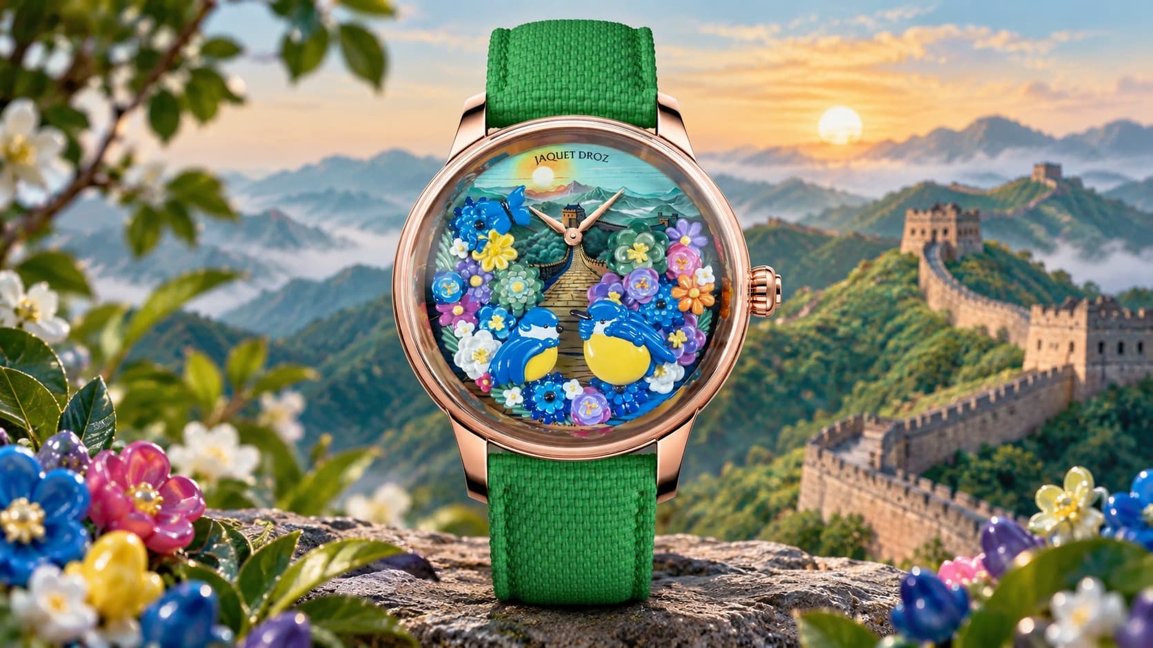 Jaquet Droz Petite Heure Minute red gold watch with hand-painted Great Wall of China dial and two blue birds