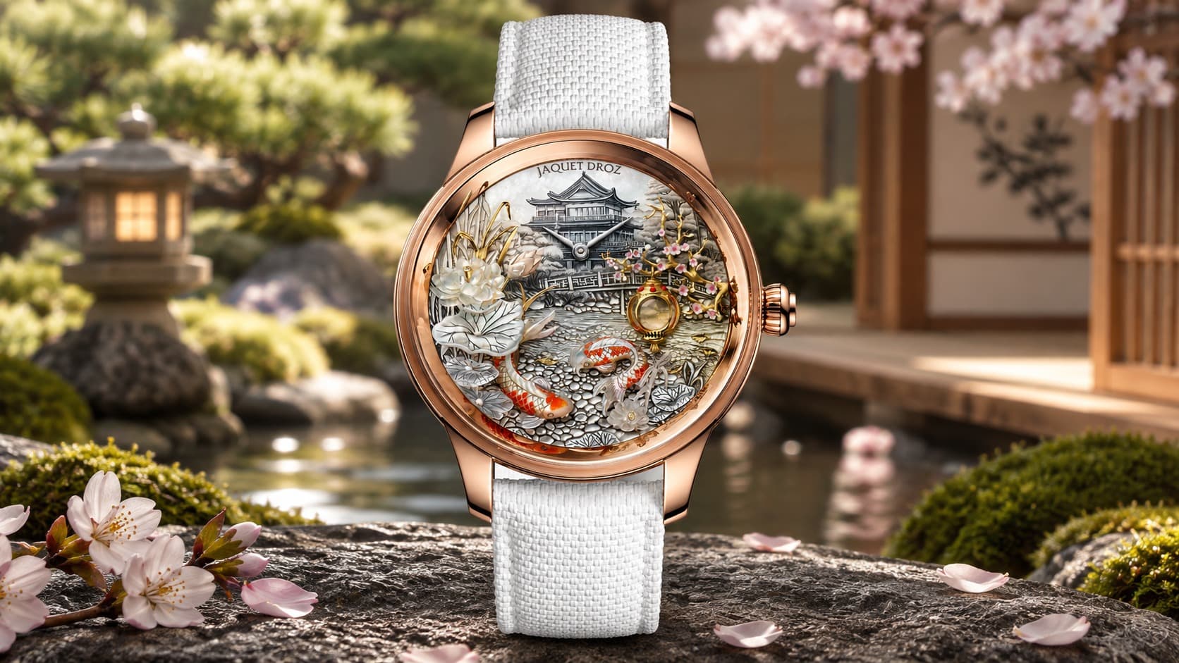 Jaquet Droz Petite Heure Minute red gold watch with hand-painted Japanese garden dial featuring koi fish and cherry blossoms