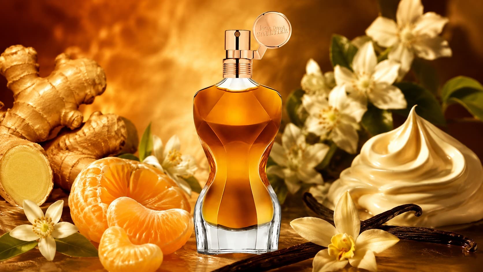 Jean Paul Gaultier Classique Essence de Parfum bottle with whipped cream and ginger
