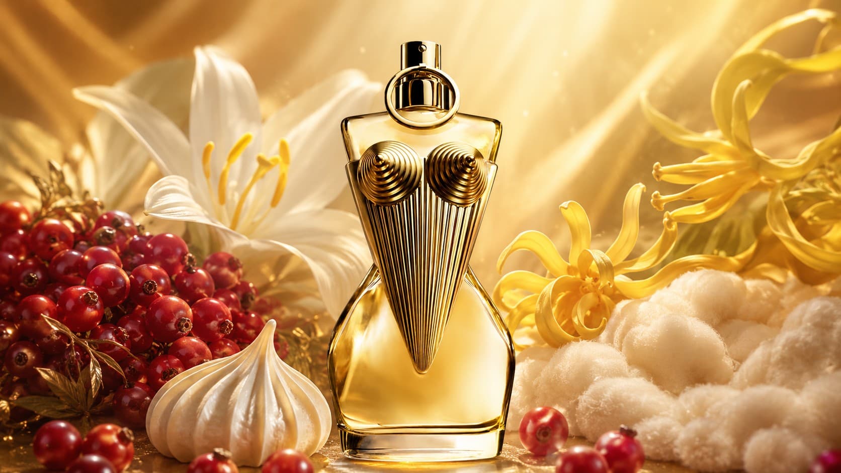 Jean Paul Gaultier Divine bottle with white florals and meringue