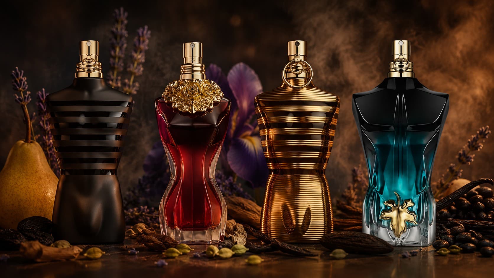 Jean Paul Gaultier Le Male Le Parfum, La Belle Le Parfum, Le Male Elixir, and Le Beau Le Parfum bottles