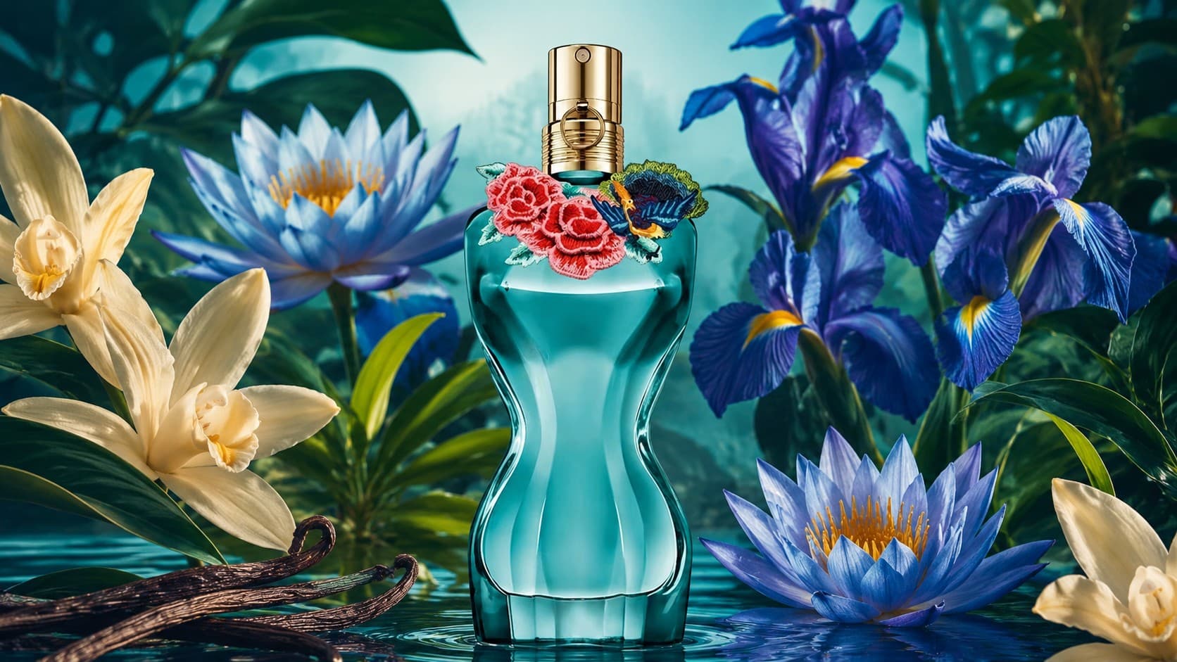 Jean Paul Gaultier La Belle Paradise Garden bottle with blue lotus and iris
