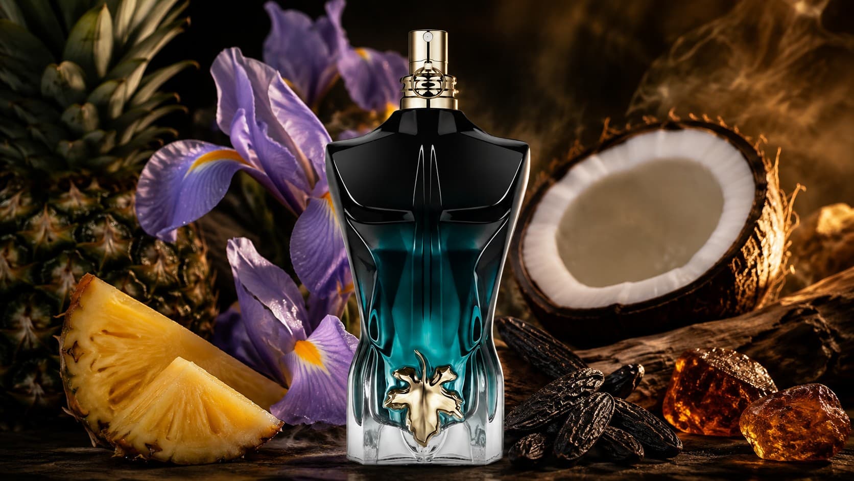Jean Paul Gaultier Le Beau Le Parfum bottle with pineapple, coconut, and amberwood