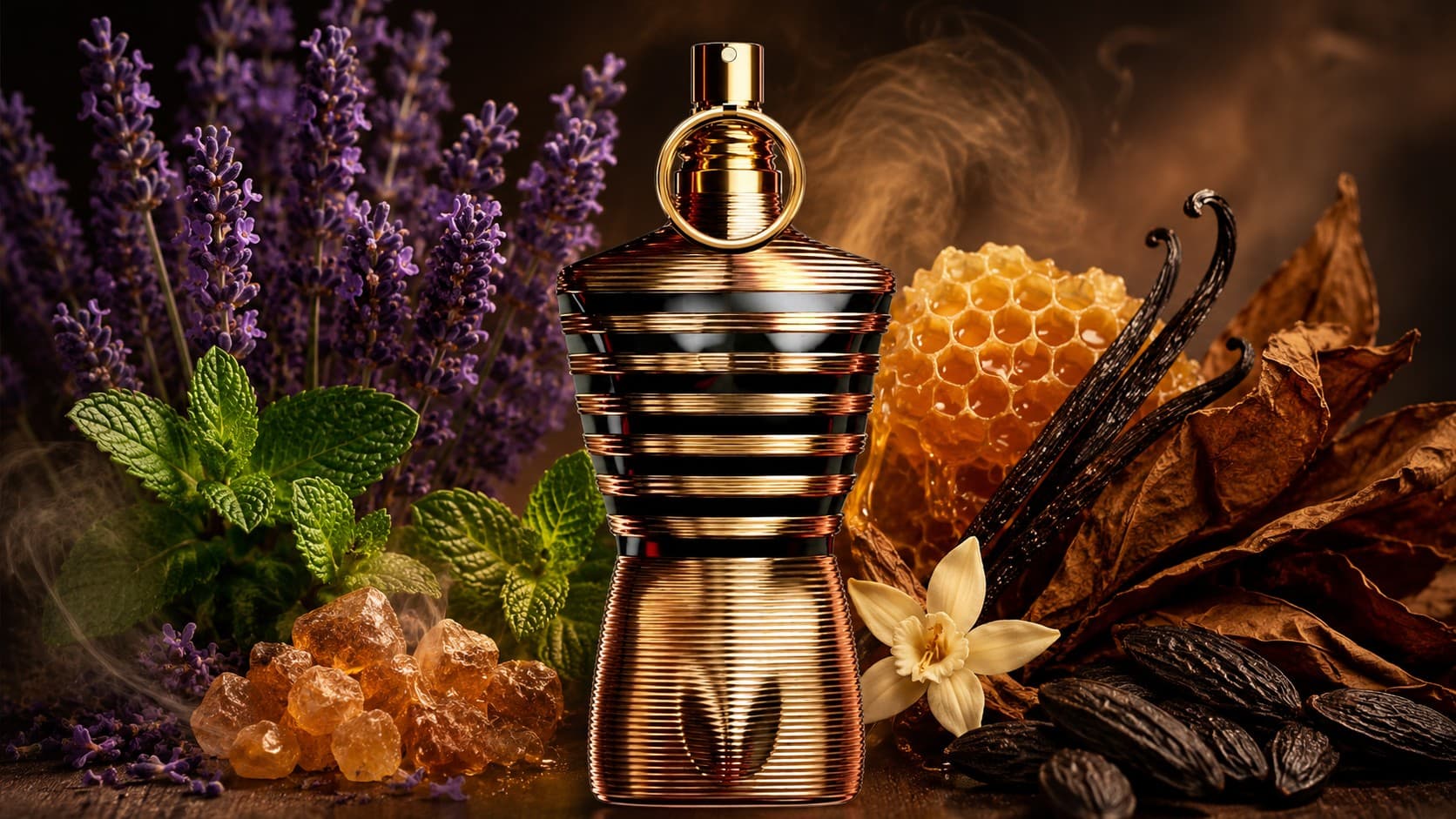Jean Paul Gaultier Le Male Elixir bottle with honey, tonka bean, and vanilla