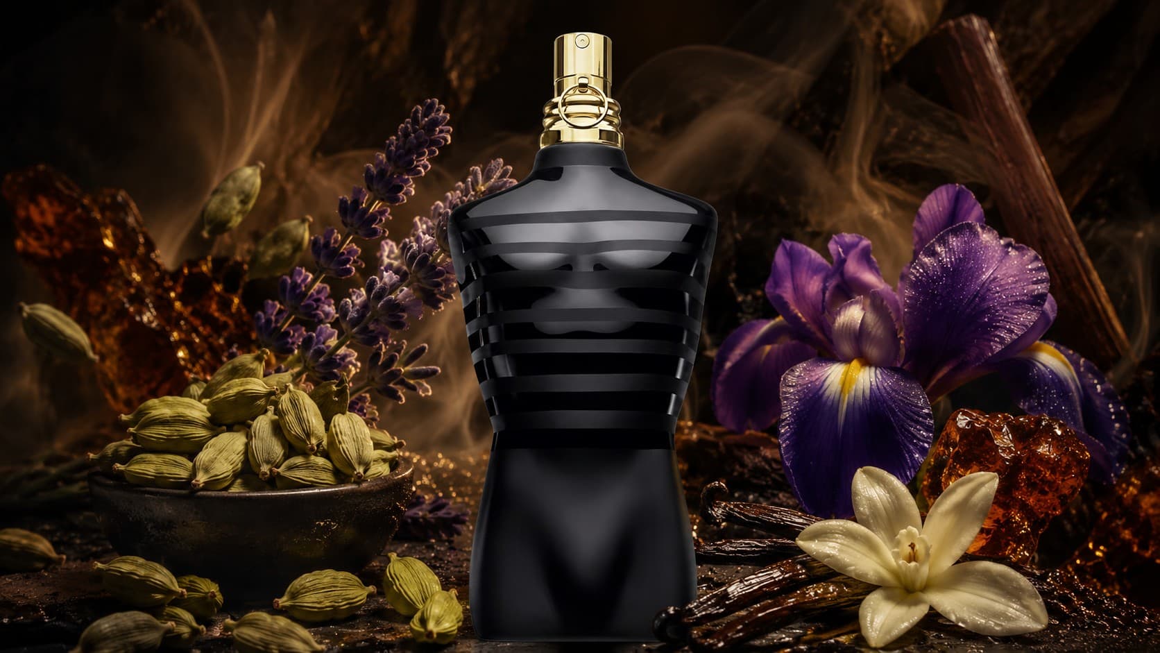 Jean Paul Gaultier Le Male Le Parfum bottle with cardamom, iris, lavender, and vanilla