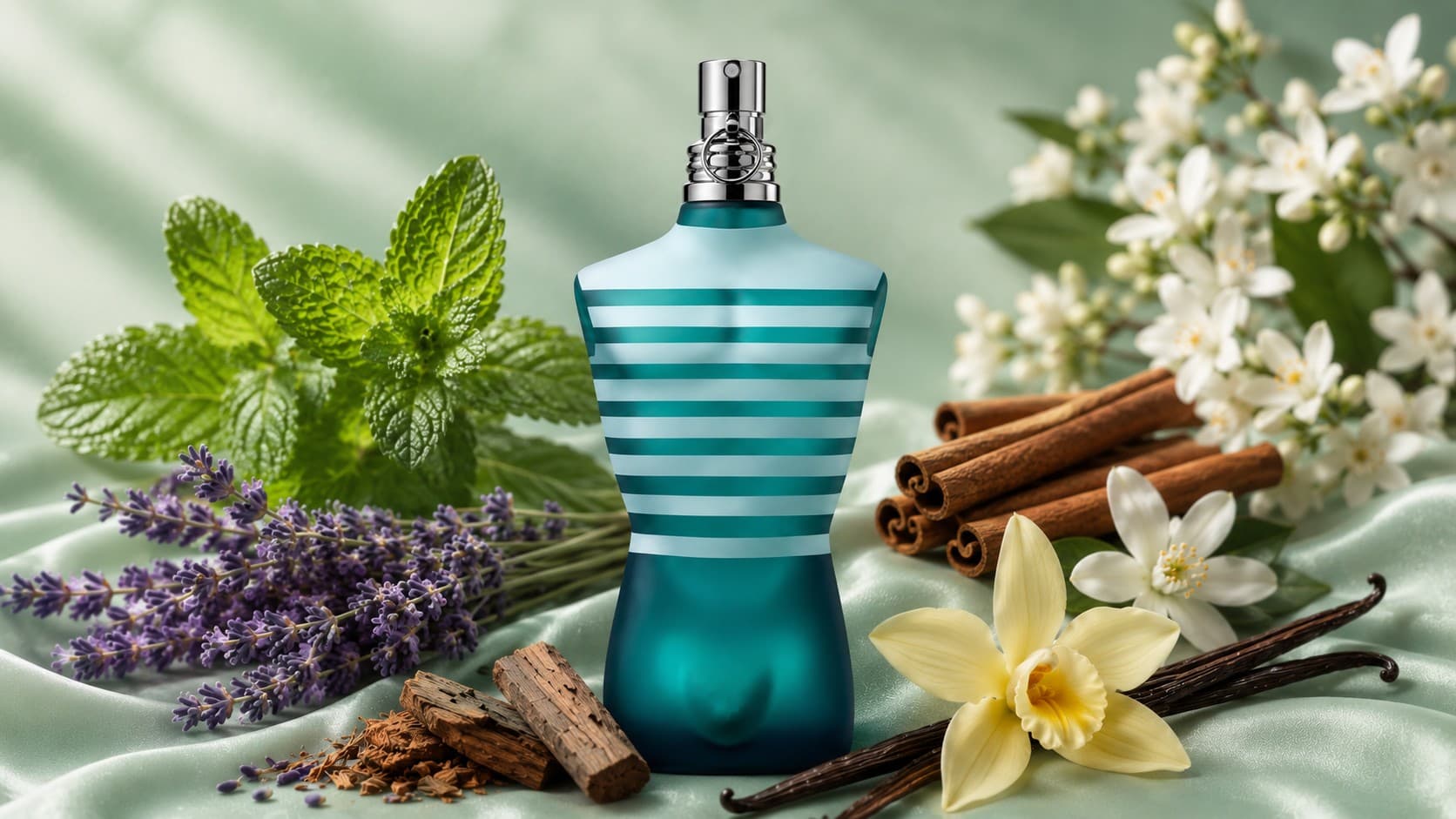 Jean Paul Gaultier Le Male original Eau de Toilette bottle with mint, lavender, and vanilla