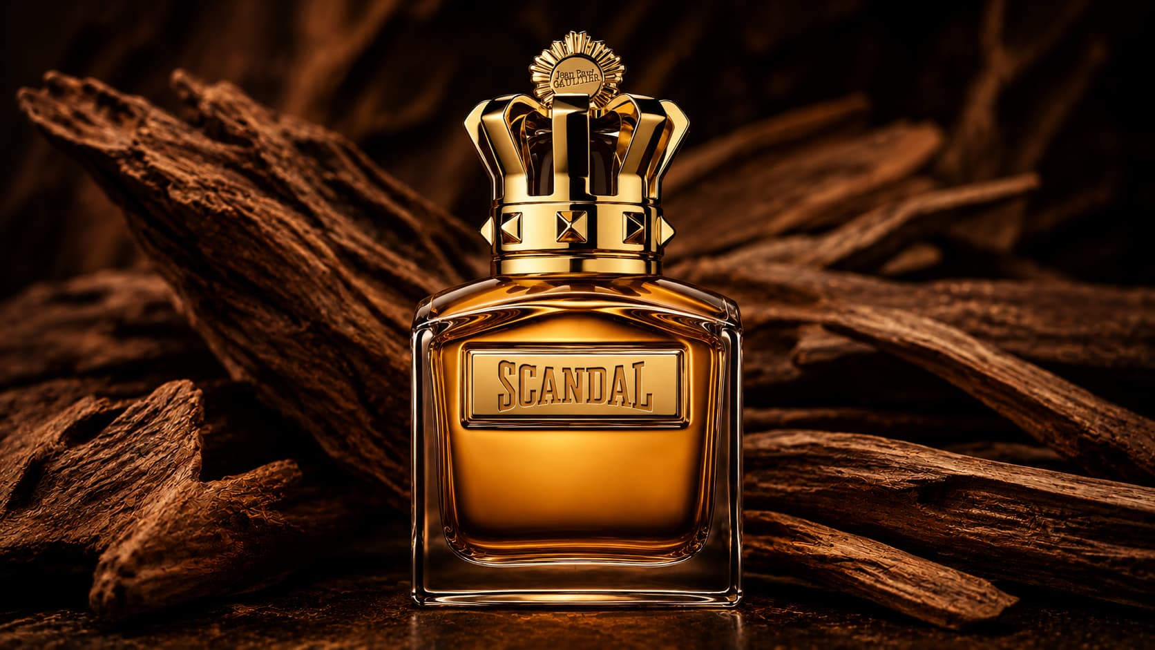 Jean Paul Gaultier Scandal Pour Homme Absolu perfume bottle with sandalwood in the background