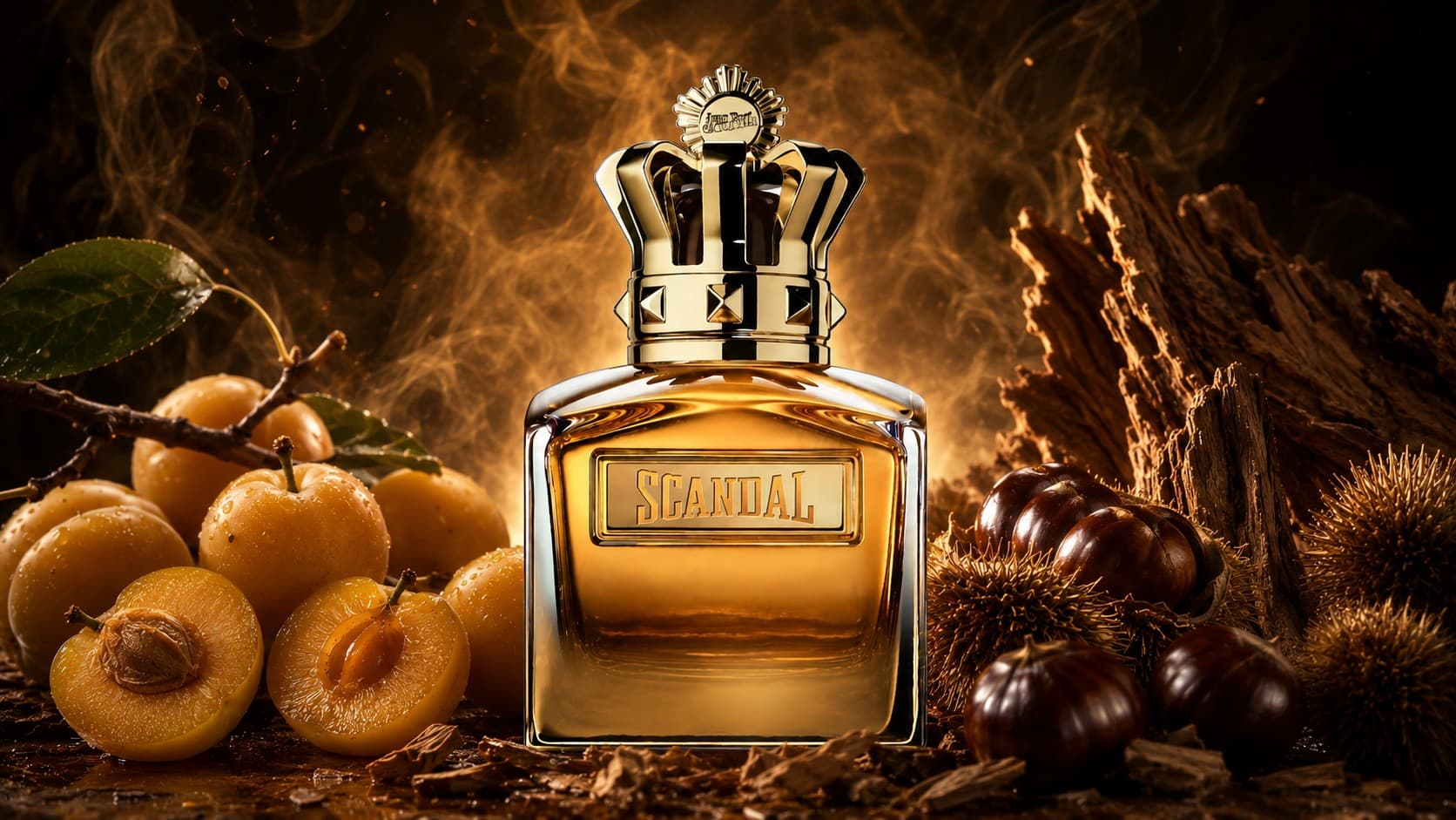 Jean Paul Gaultier Scandal Pour Homme Absolu bottle with mirabelle plum and chestnut