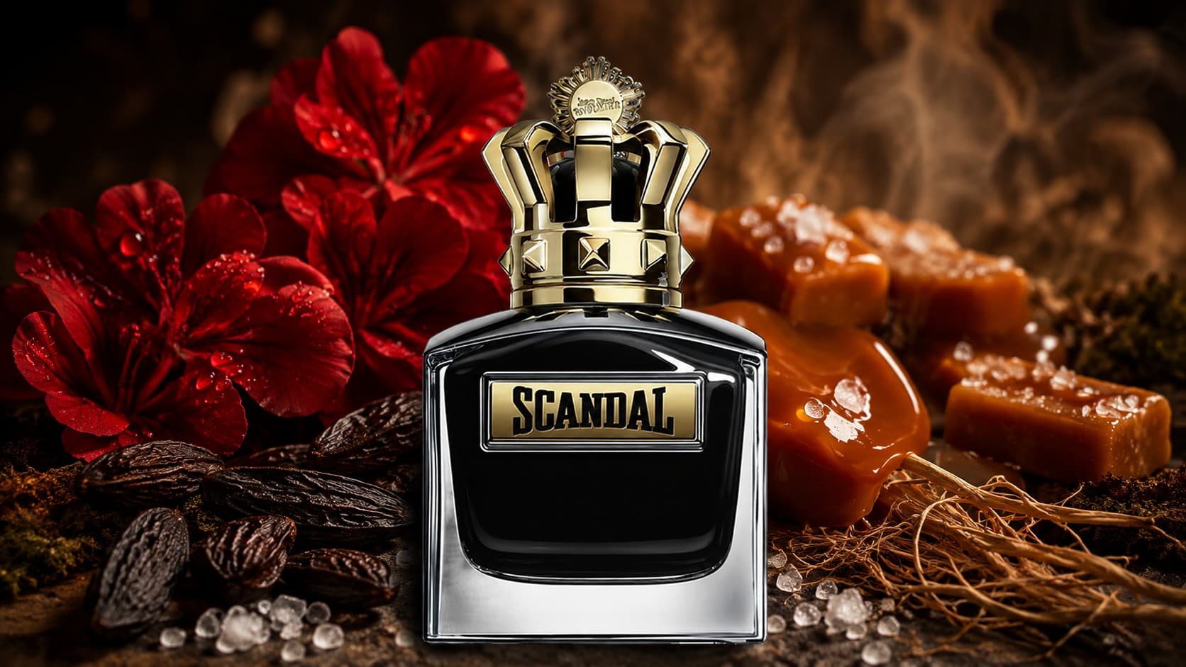 Jean Paul Gaultier Scandal Pour Homme Le Parfum bottle with geranium and salted caramel