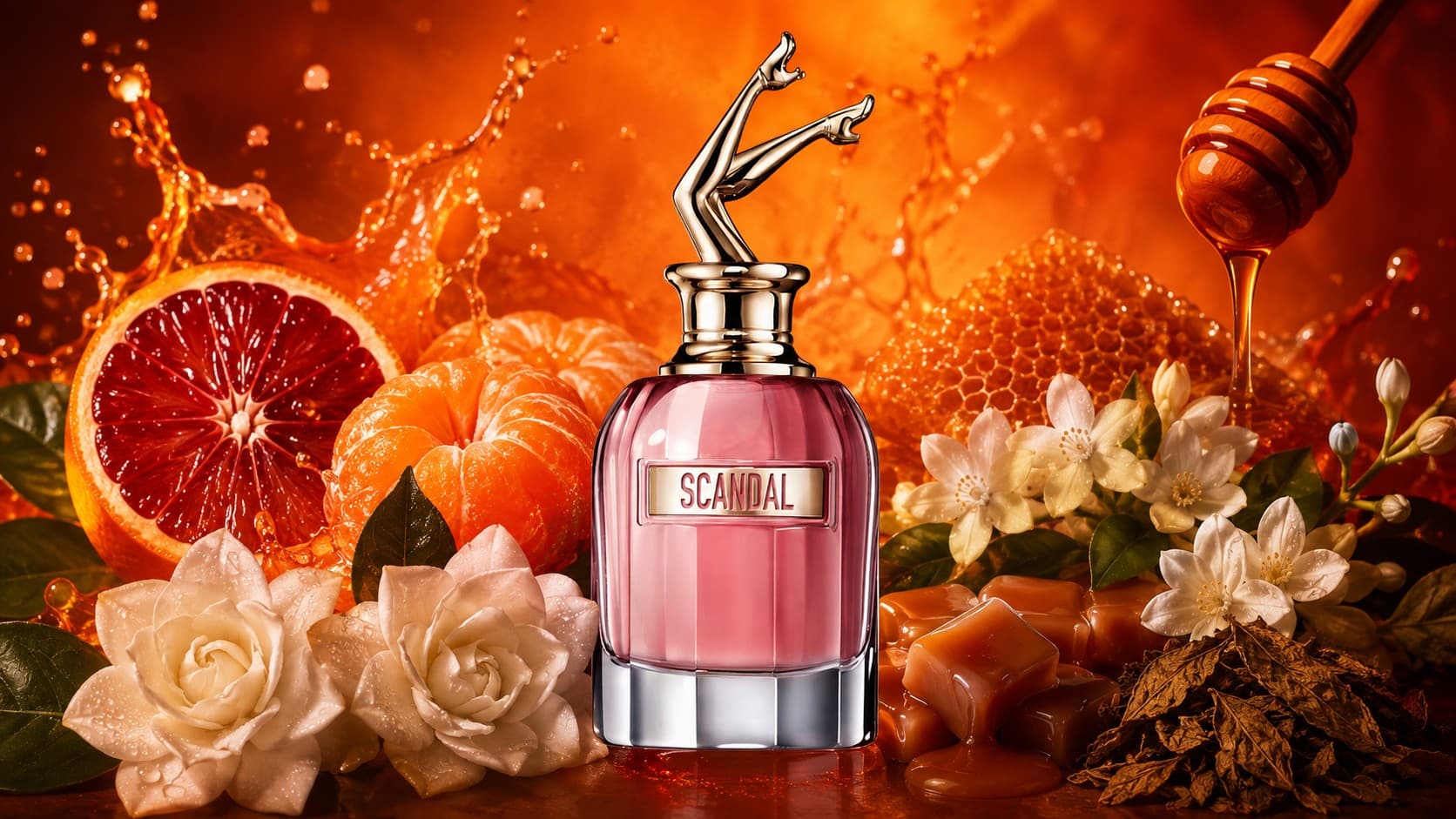 Jean Paul Gaultier Scandal bottle with honey, gardenia, and blood orange