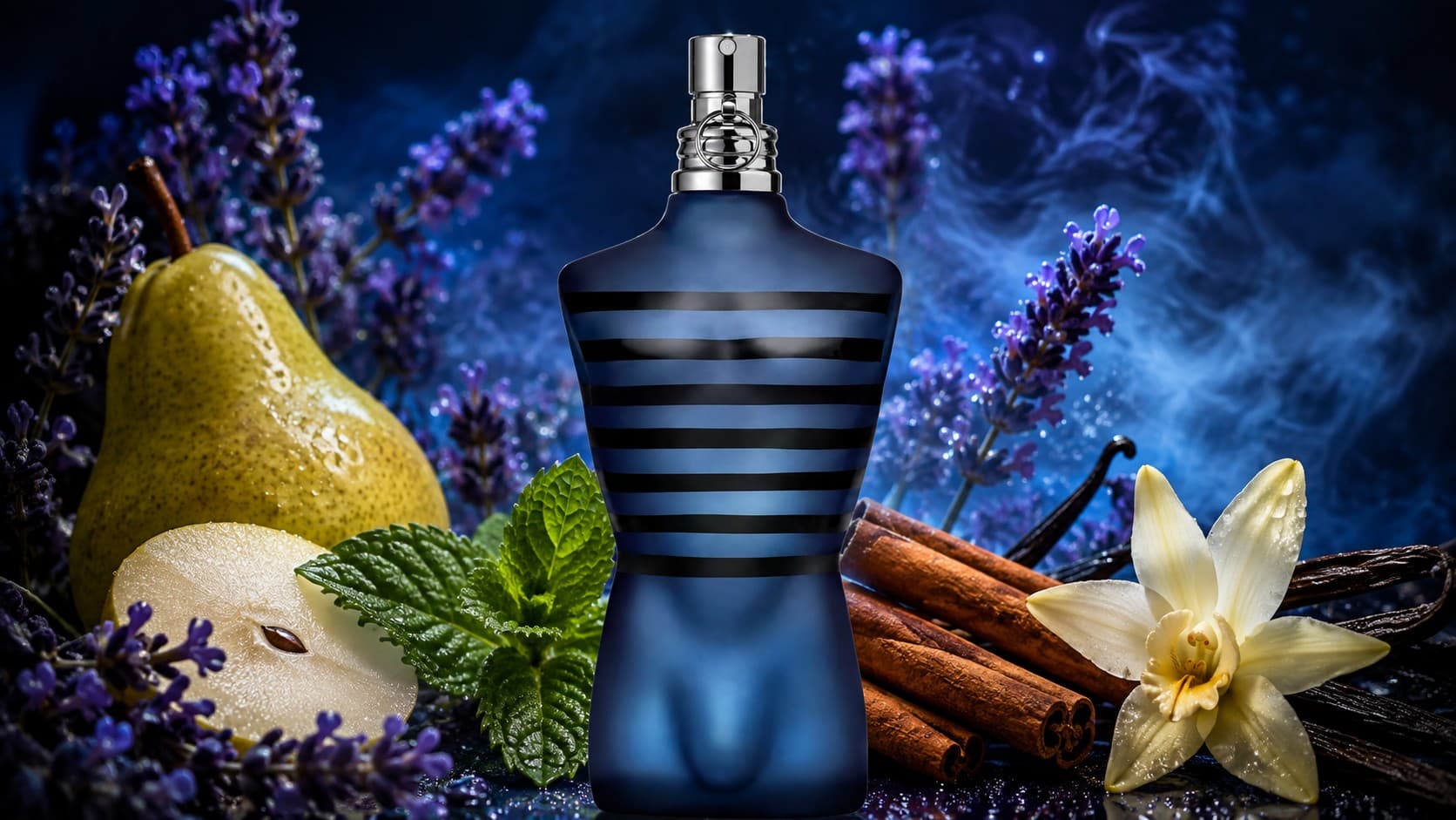 Jean Paul Gaultier Ultra Male bottle with pear, mint, and cinnamon