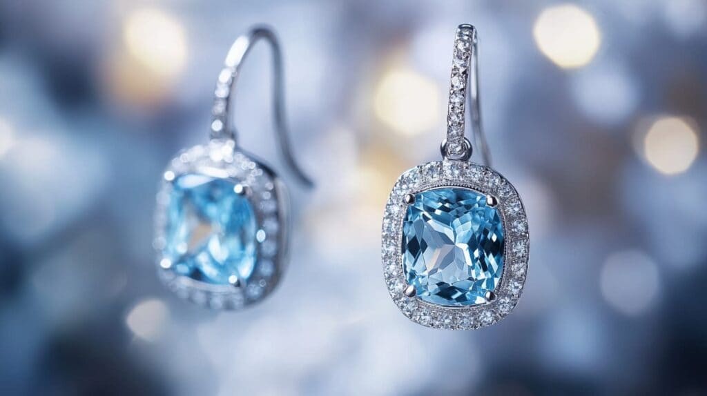 Elegant earrings featuring cushion-cut blue jeremejevite gemstones surrounded by a diamond halo, set in white gold.