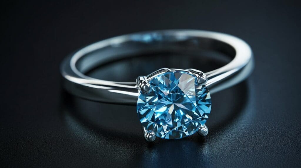 A stunning engagement ring featuring a round-cut blue jeremejevite gemstone set in a sleek white gold band, emphasizing its brilliance and rarity.