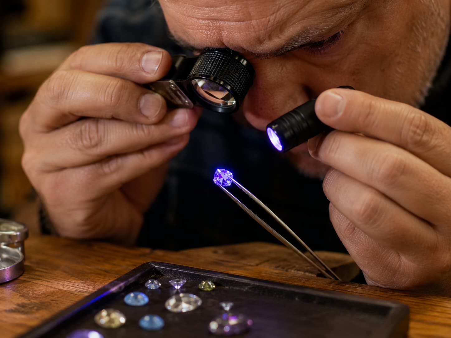 Jeweler examining a gemstone with a loupe and UV light to test its authenticity