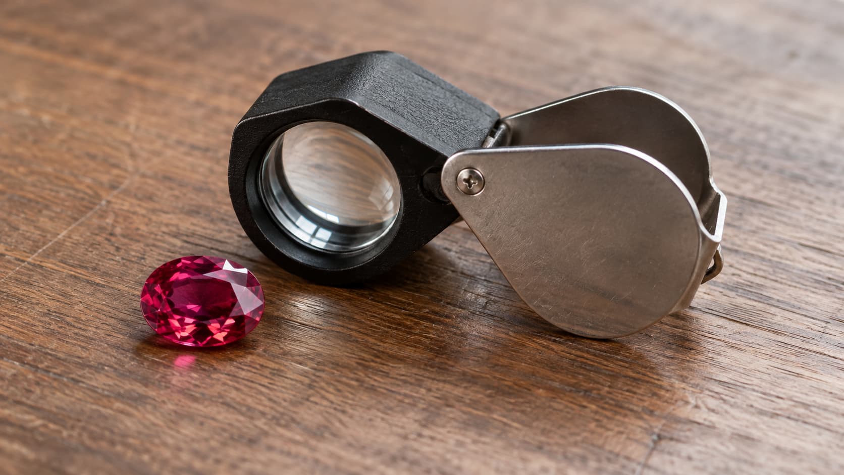 A jeweler's loupe open next to a faceted pink gemstone on a wooden surface