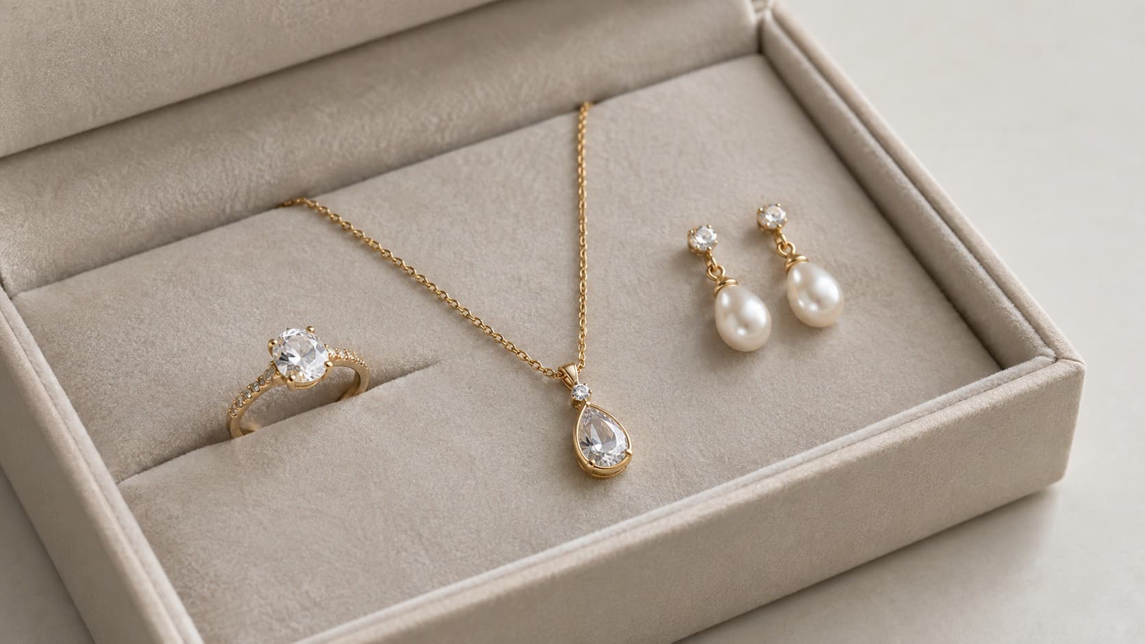 Gold ring, necklace, and pearl earrings stored inside a lined jewelry box