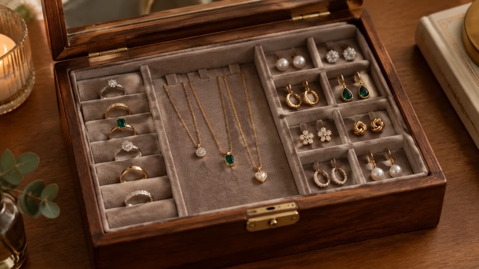 Wooden jewelry box with velvet compartments organizing rings, necklaces, and earrings