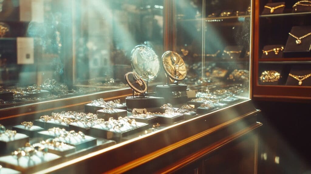A jewelry display case with gold and gemstone pieces exposed to sunlight, illustrating how UV rays can cause tarnishing and fading over time.