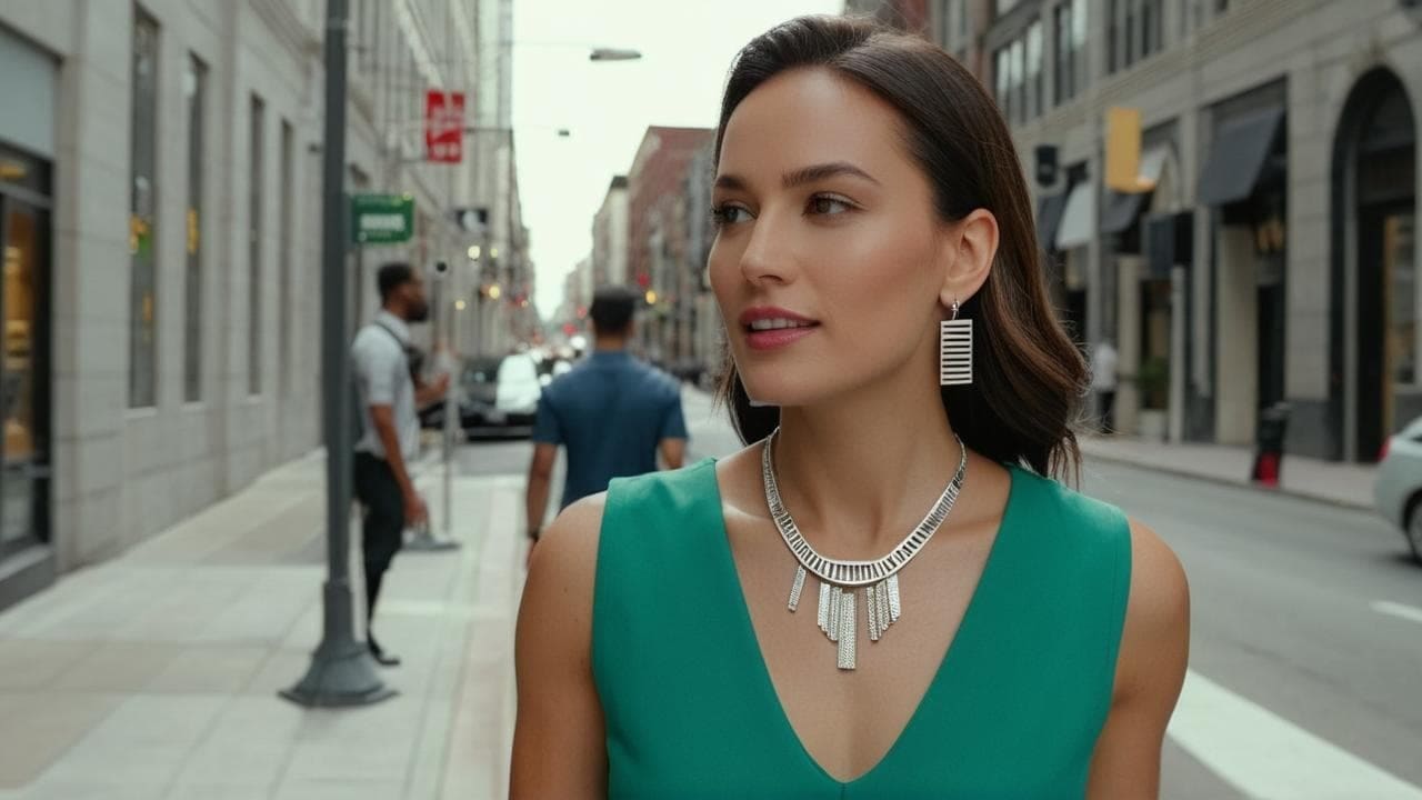 Woman in a green dress wearing a silver fringe necklace on a city street