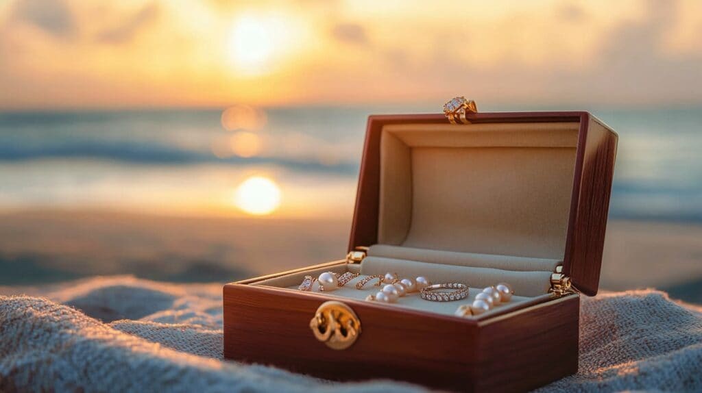 An elegant jewelry box with pearl earrings and gold rings placed on a sandy beach, emphasizing the importance of safe jewelry storage near water.