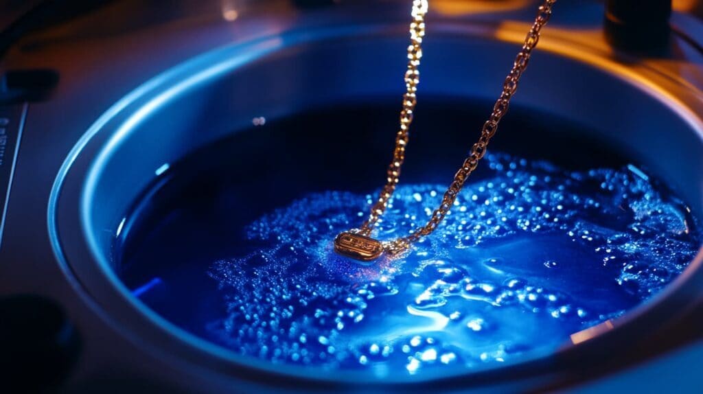 Close-up of a gold pendant and chain submerged in an ultrasonic jewelry cleaner with blue bubbling solution for effective cleaning.