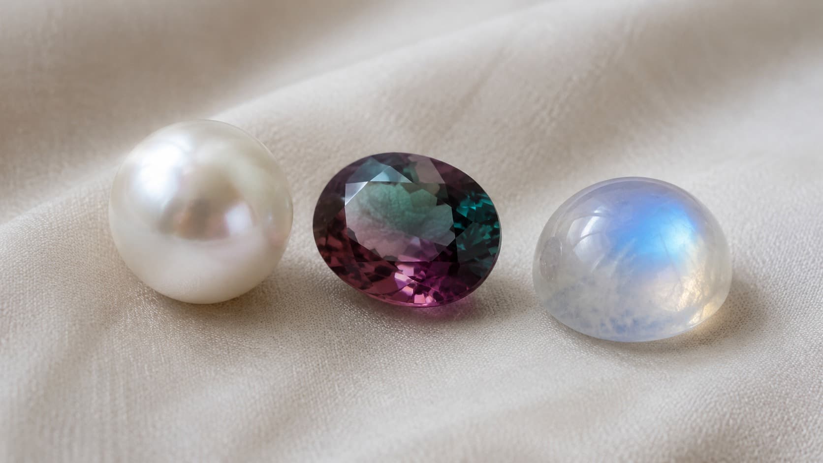 Pearl, alexandrite, and moonstone together, the three June birthstones