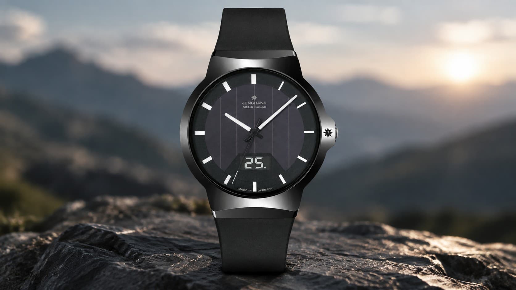 Junghans Mega Solar radio-controlled watch with a black case on a dark strap