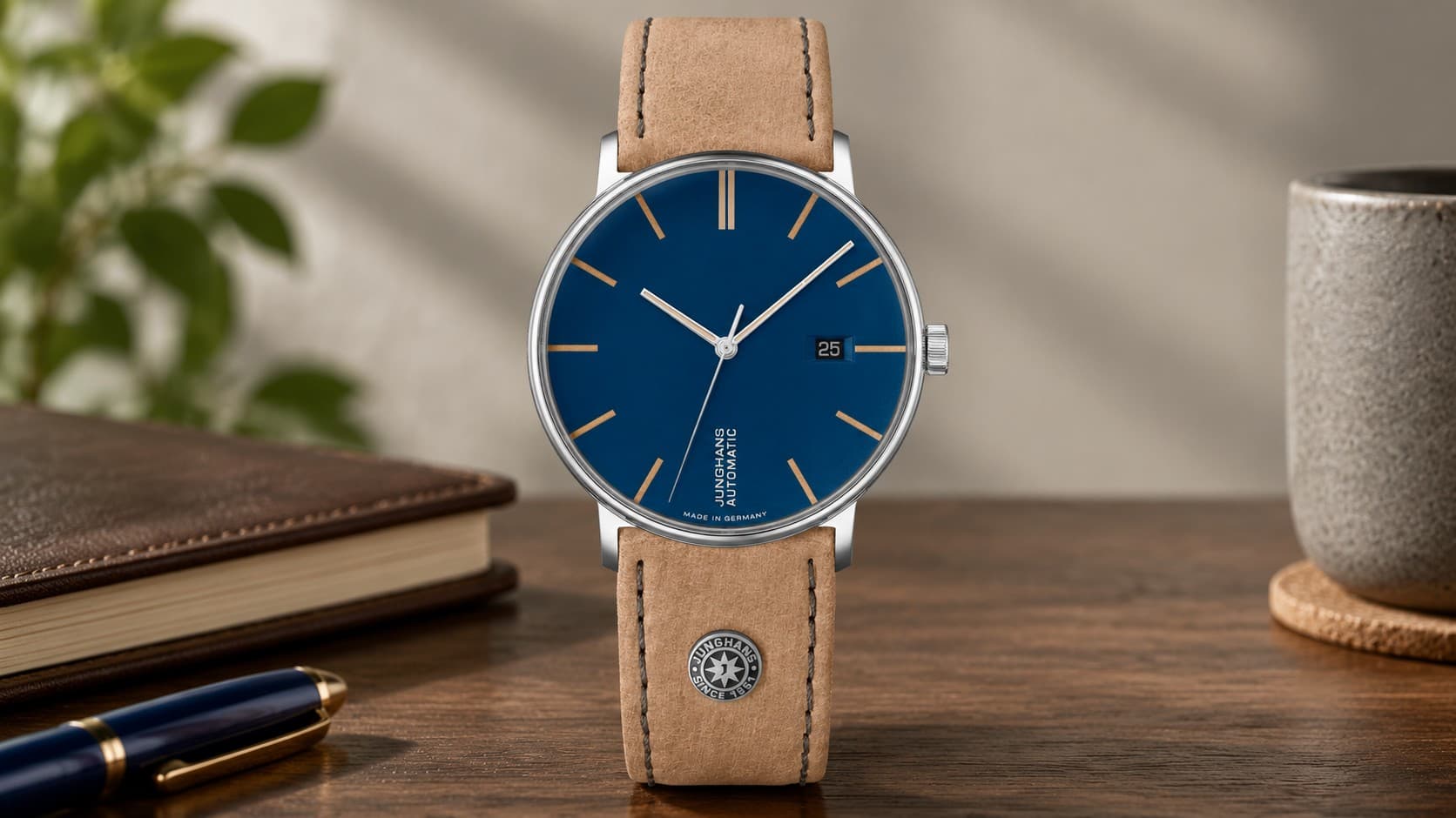 Junghans Form A Automatic watch with a blue dial and tan leather strap
