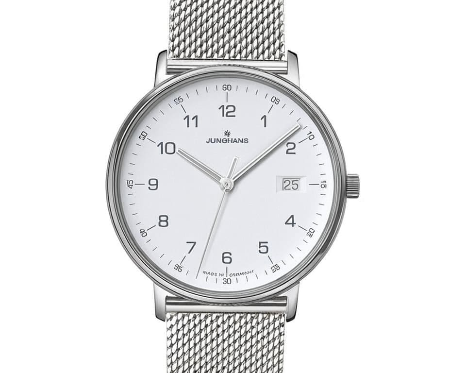 Junghans Form A with clean white numbered dial and steel Milanese mesh bracelet