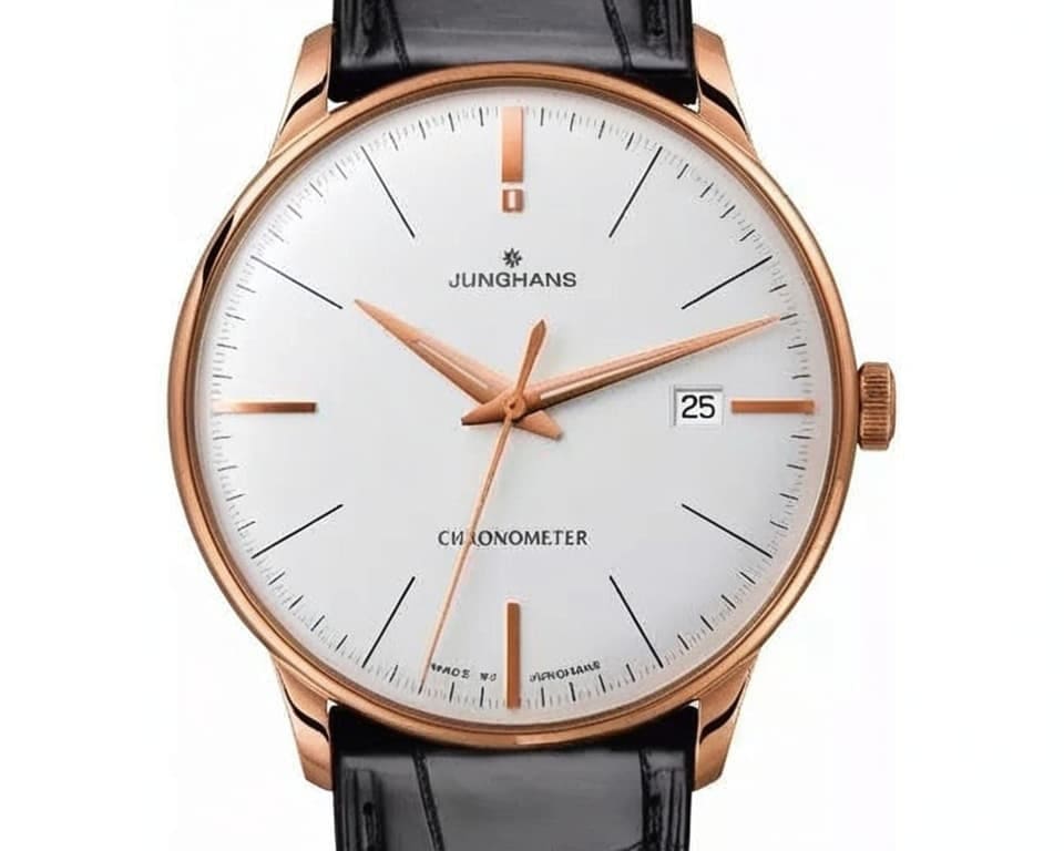 Junghans Meister Chronometer watch featuring rose gold case, white dial with rose gold hands, and black leather strap showcasing luxury German craftsmanship