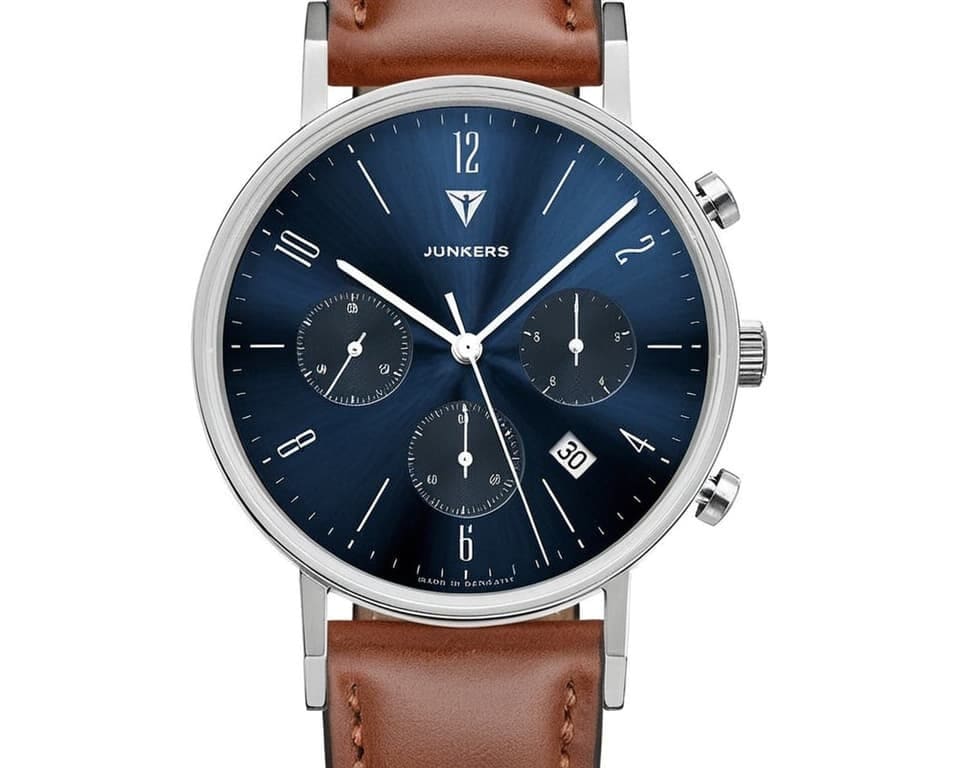 Junkers chronograph with blue sunray dial, three subdials and brown leather band
