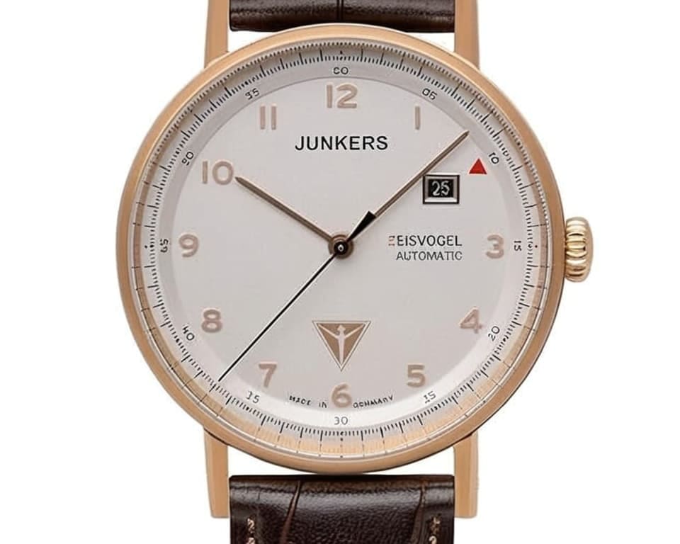 Junkers Eisvogel automatic watch with rose gold case, white dial featuring red triangle power reserve indicator and brown alligator leather strap