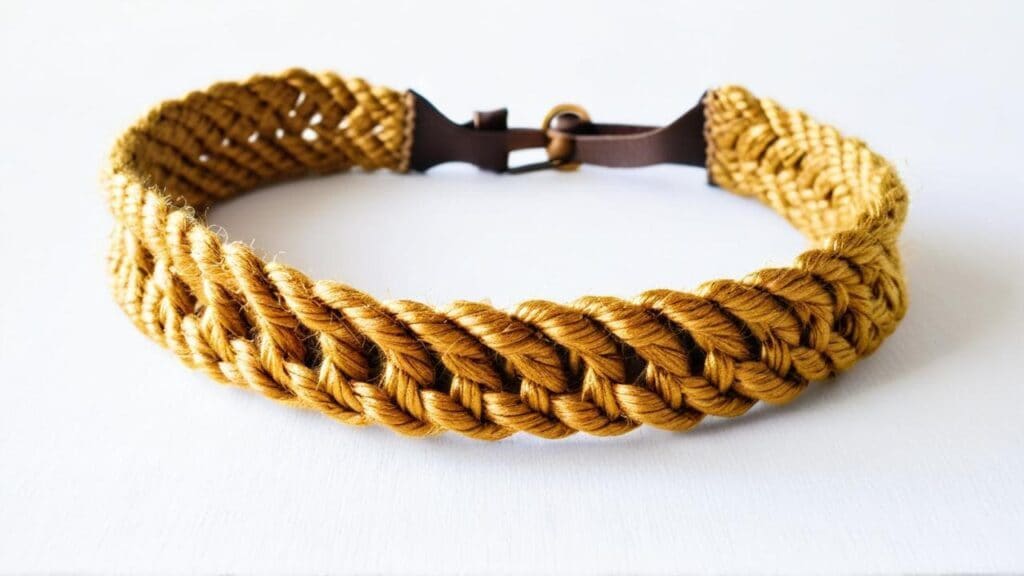 Braided jute bracelet with herringbone pattern and leather clasp closure