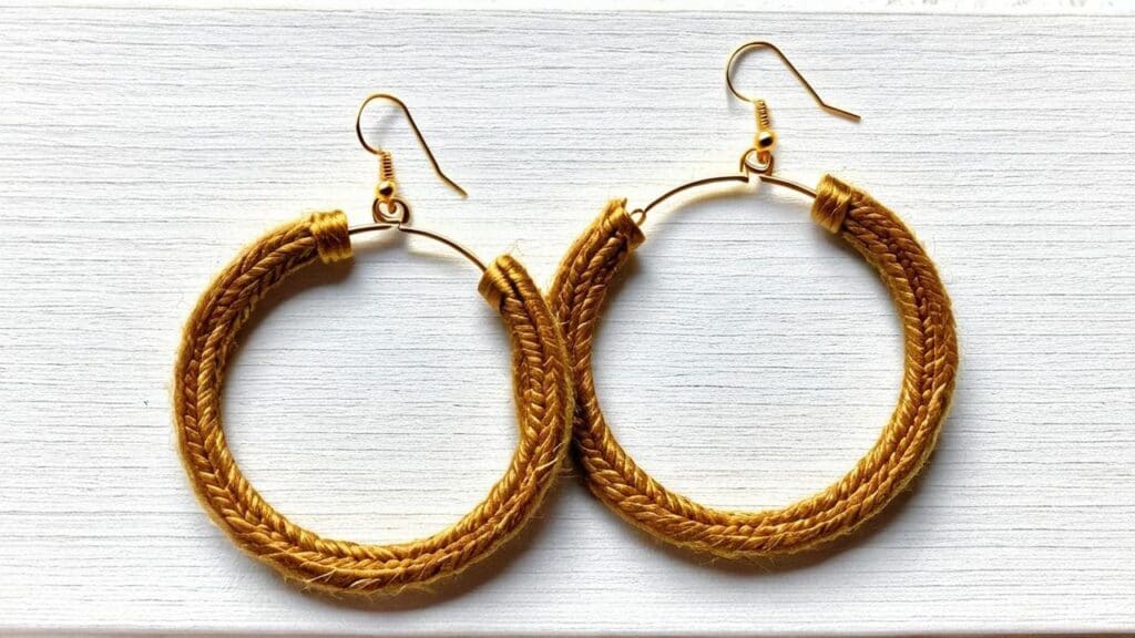 Golden jute hoop earrings featuring braided pattern and gold-plated hooks