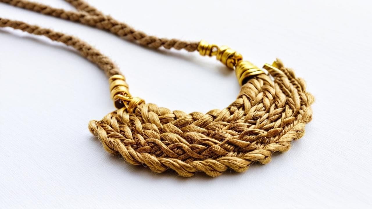 Braided jute bib necklace with gold cord wraps on a white surface